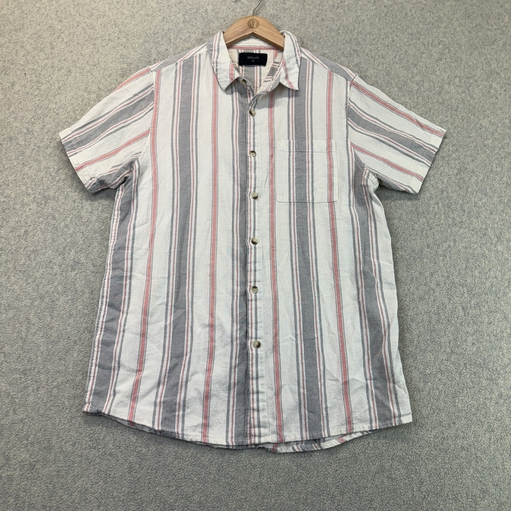 Rolla's Men's Medium Striped Short Sleeve Button-Up Shirt White Gray Coral